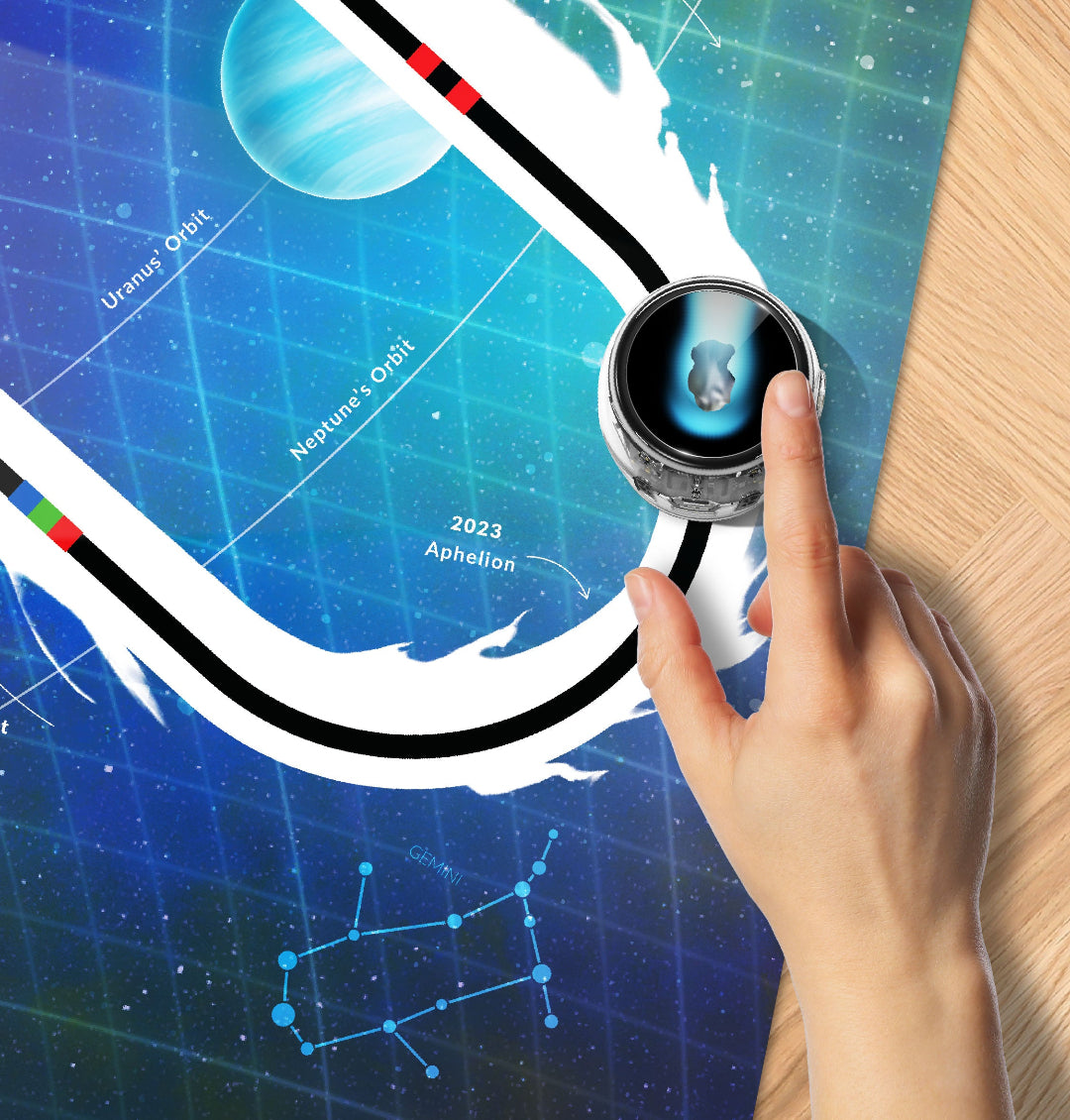 Student using a magnifying glass to investigate planetary routes and coding pathways on the Ari Adventure Mat: Space Navigation STEM activity mat.