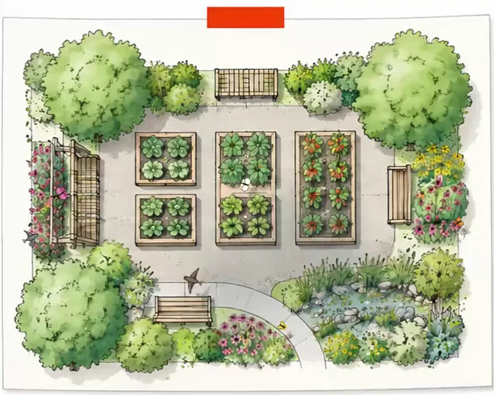 Watercolor plan of a community garden, seen from above