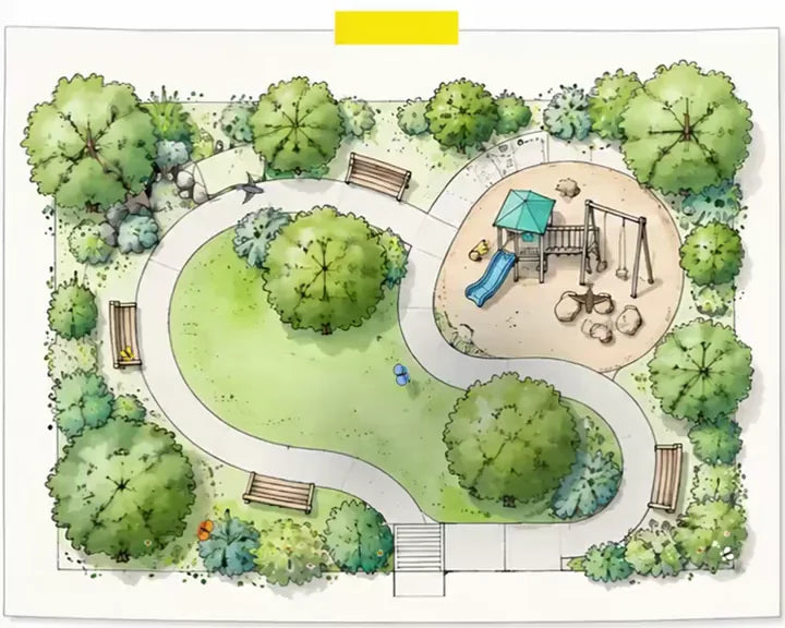Watercolor plan of a park with a playground, seen from above
