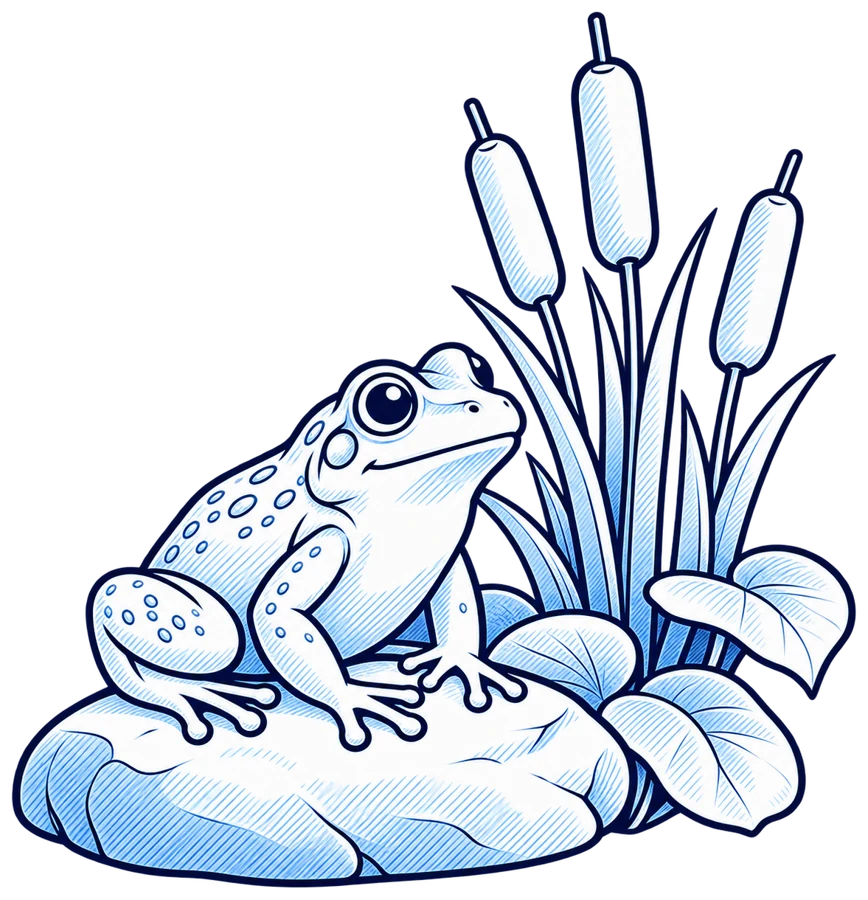 Line drawing of a pond habitat with a frog and a birdhouse