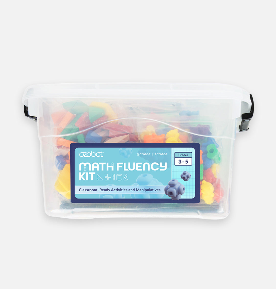 Portable storage bin containing the 3-5 Math Fluency Classroom Kit materials, math manipulatives, and Evo robotics learning resources