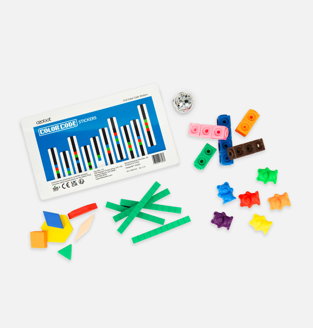 Math manipulatives included in the 3-5 Math Fluency Classroom Kit, featuring linking cubes, counting bears, base ten blocks, and geometry shapes.