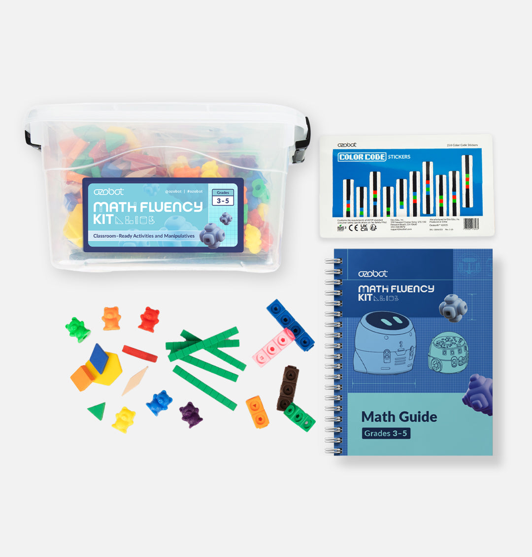Contents of the Ozobot 3-5 Math Fluency Kit including Evo robots, math manipulatives, lesson materials, activity cards, and classroom STEM resources