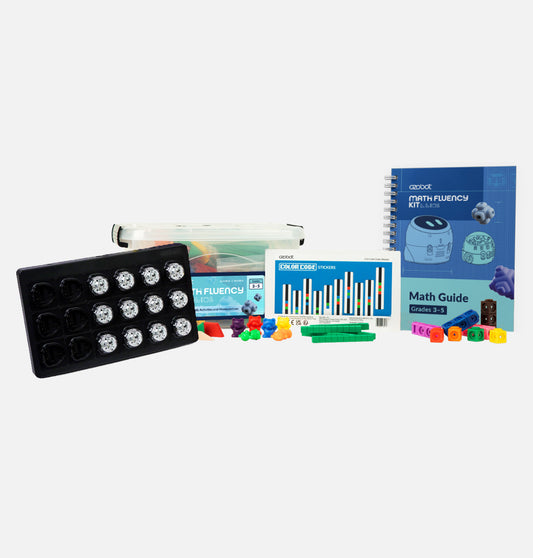 3-5 Math Fluency Classroom Kit + 12 Evo Robots with charging tray, math manipulatives, Color Code activities, teacher guide, and classroom storage bin