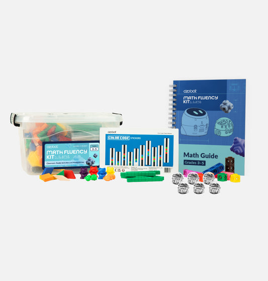 Ozobot 3-5 Math Fluency Kit wit 6 Evo coding robot, math manipulatives, student lessons, storage bin, and standards-aligned STEM math activities for grades 3-5