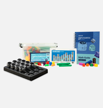 Ozobot 3-5 Math Fluency Classroom Kit + 12 Ari Robots classroom bundle including coding robots, charging tray, math manipulatives, lesson materials, and storage bin