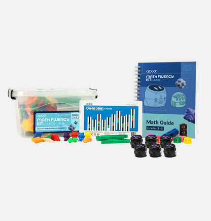 Ozobot 3-5 Math Fluency Kit + 6 Ari Robots with coding robots, math manipulatives, Color Code activities, teacher guide, and classroom storage bin