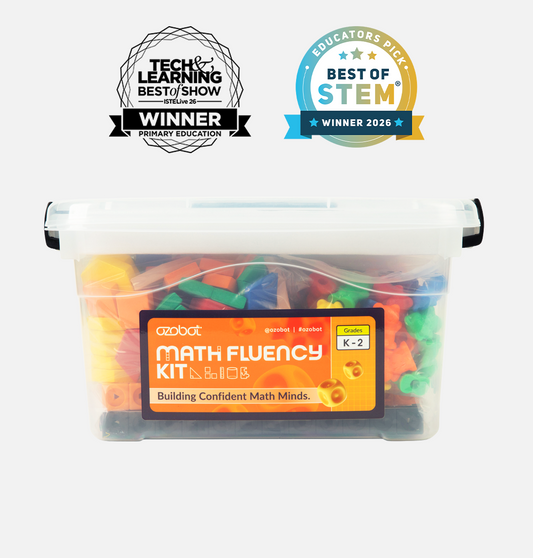 Award-winning Ozobot K-2 Math Fluency Kit storage bin filled with math manipulatives, Tech & Learning Best of Show ISTELive 26 for primary education and Best of STEM 2026 winner 