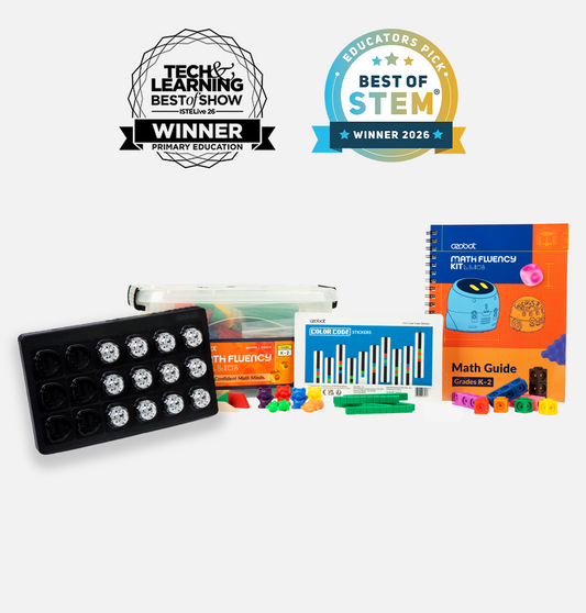 Award-winning K-2 Math Fluency Classroom Kit with 12 Ozobot Evo robots in a charging tray, math manipulatives and teacher guide