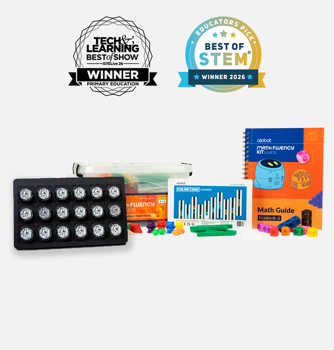 Award-winning K-2 Math Fluency Classroom Kit with 18 Ozobot Evo robots, wireless charging tray, manipulatives and math guide