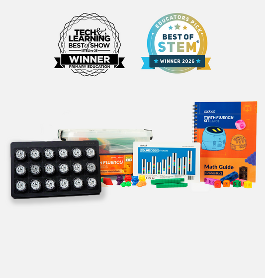 Award-winning K-2 Math Fluency Classroom Kit with 18 Ozobot Evo robots, wireless charging tray, manipulatives and math guide