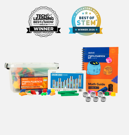 Award-winning K-2 Math Fluency Classroom Kit with 6 Ozobot Evo coding robots, math manipulatives, storage bin and teacher math guide