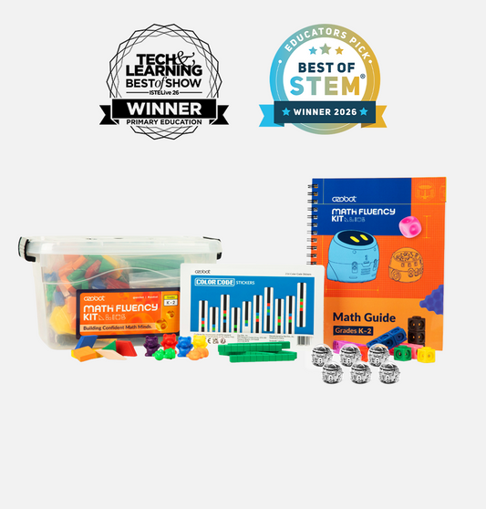 Award-winning K-2 Math Fluency Classroom Kit with 6 Ozobot Evo coding robots, math manipulatives, storage bin and teacher math guide