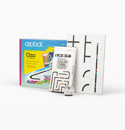 Ozo at Home STEM learning kit with Ozobot robot, Color Code markers, magnetic coding board, and activity cards for homeschool learning