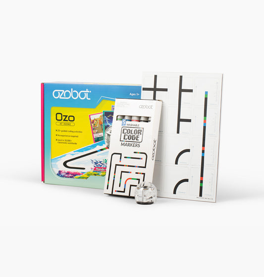 Ozo at Home STEM learning kit with Ozobot robot, Color Code markers, magnetic coding board, and activity cards for homeschool learning