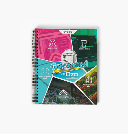Get Started guide included with the Ozo at Home coding kit featuring Color Codes, Ozobot Blockly, engineering activities, and magnetic board lessons