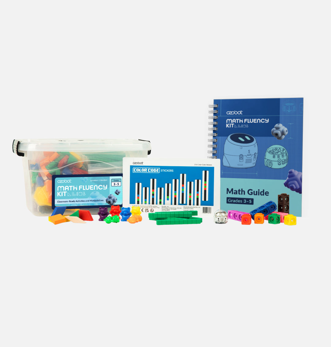Ozobot 3-5 Math Fluency Classroom Kit and 6 Evo robots and classroom-ready math fluency activities designed for small-group STEM learning