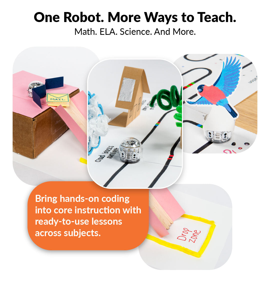 Ozobot Evo robot on a marker-drawn path in a cross-curricular coding lesson for math, science and ELA