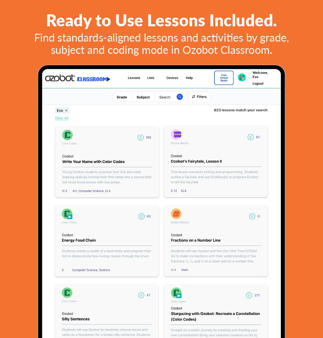 Tablet showing ready-to-use Ozobot K-5 coding and robotics lessons for teaching STEM to the whole class