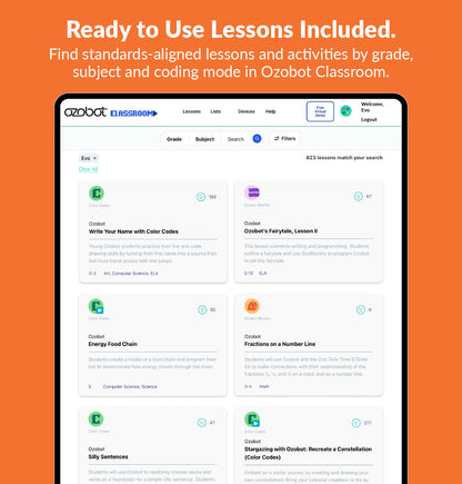 Tablet showing ready-to-use Ozobot K-5 coding and robotics lessons for teaching STEM to the whole class