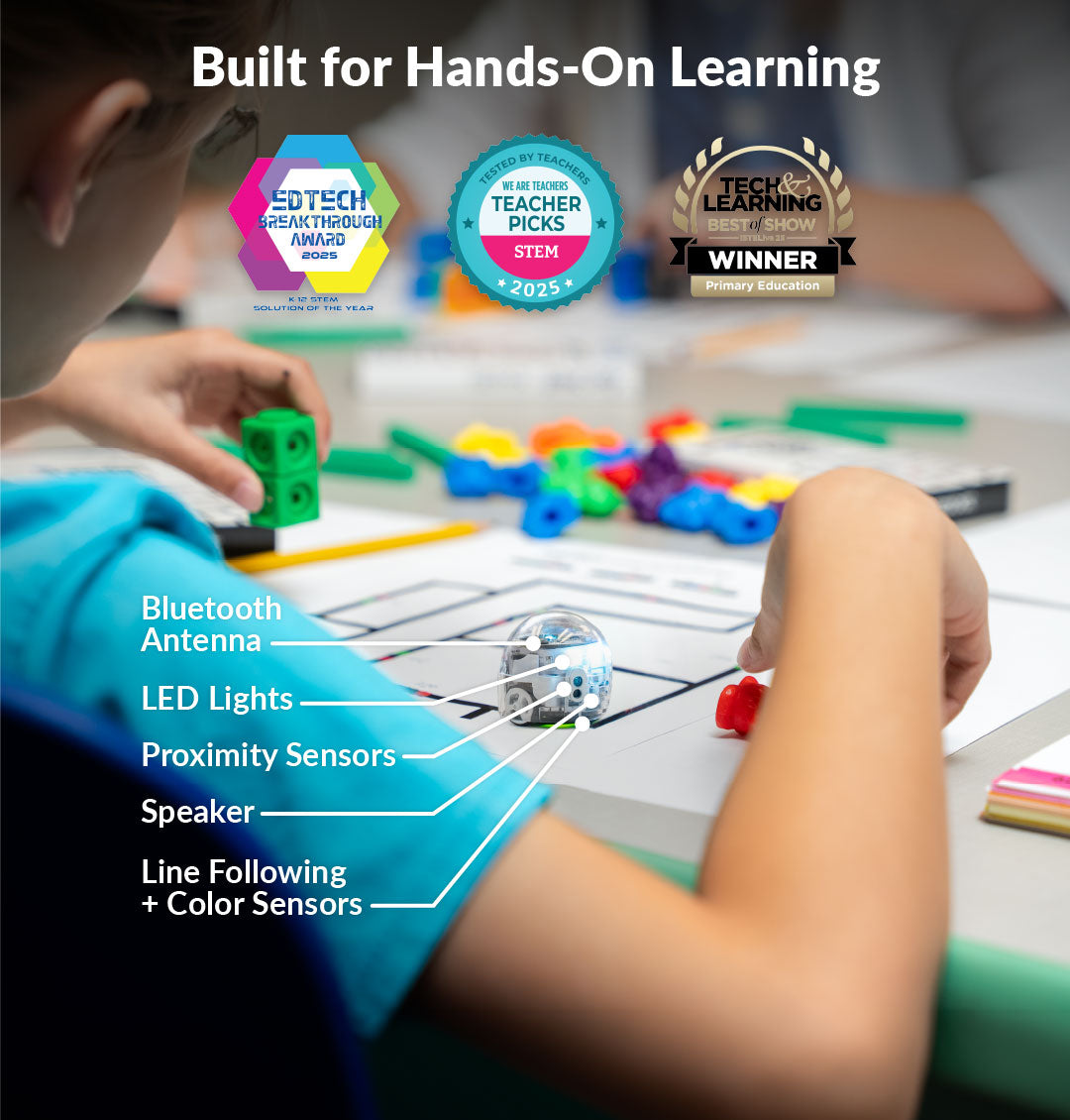 Groups of elementary students collaborating on a hands-on robotics activity with Ozobot Evo robots in a large classroom