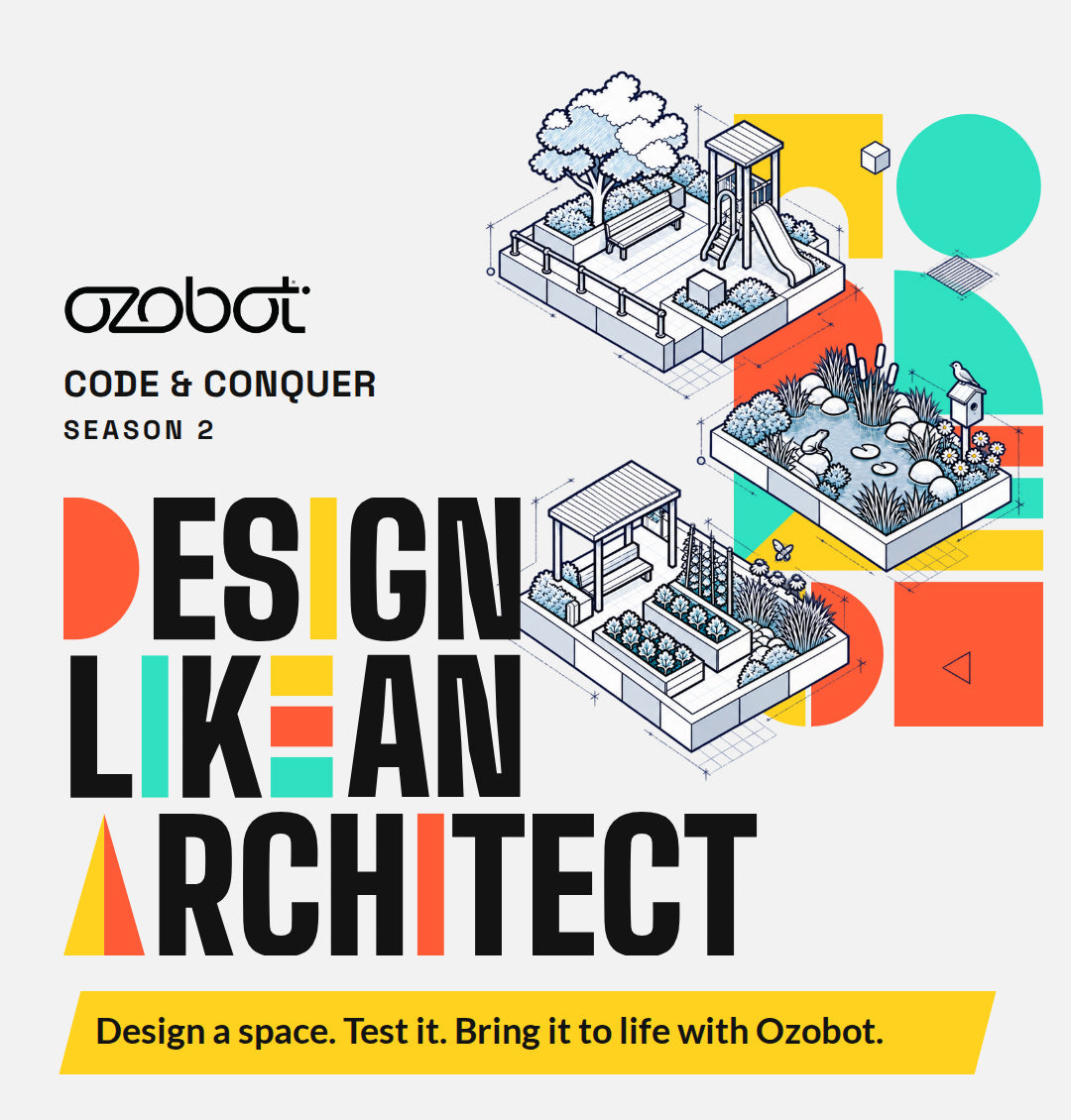 Three Ozobot Code & Conquer Season 2: Design Like an Architect STEM competition featuring illustrated community spaces, architecture designs, and student engineering projects.