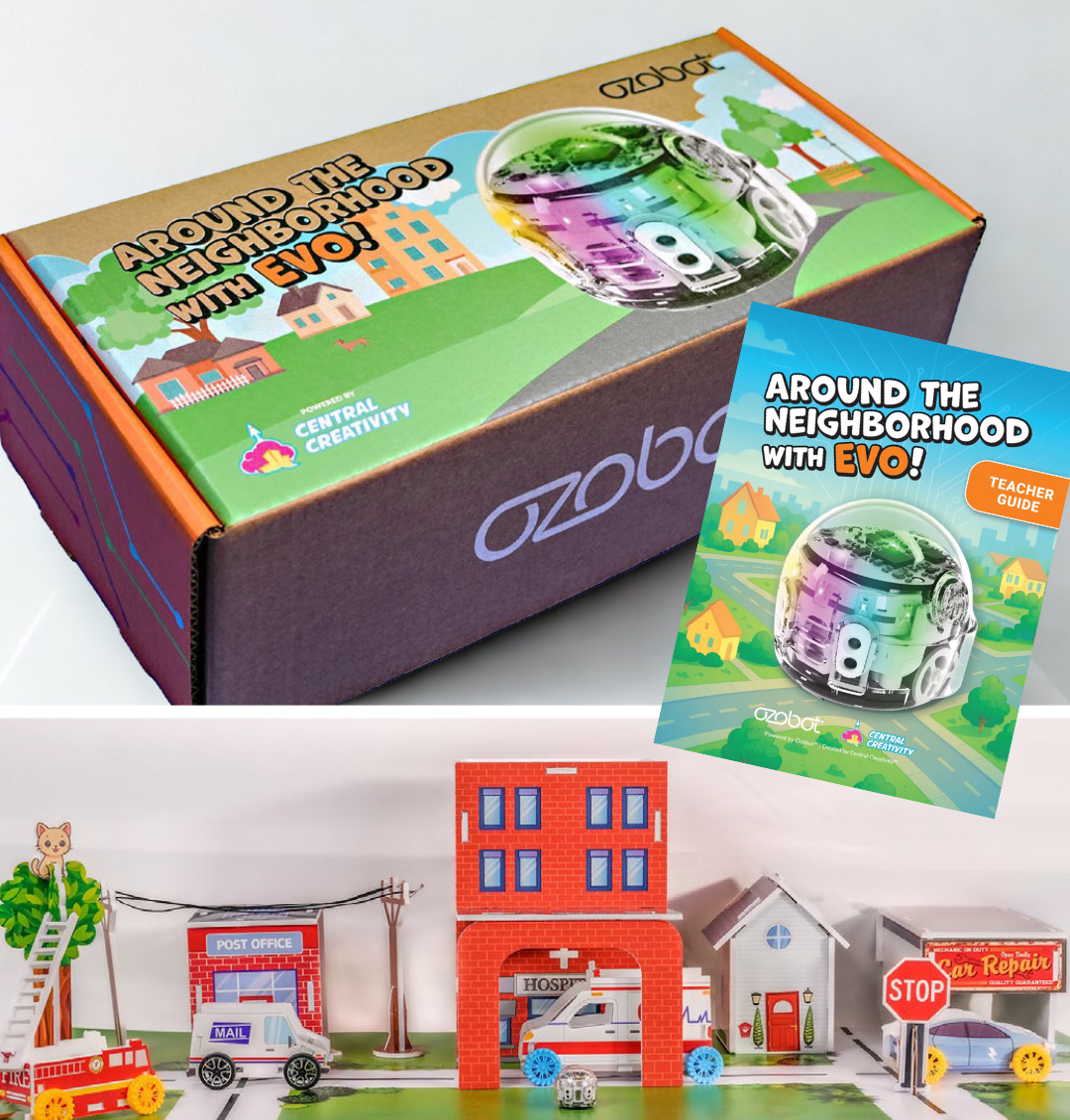 Around the Neighborhood with Evo Teacher Kit featuring an Evo coding robot, teacher guide, and interactive neighborhood-themed STEM learning activities