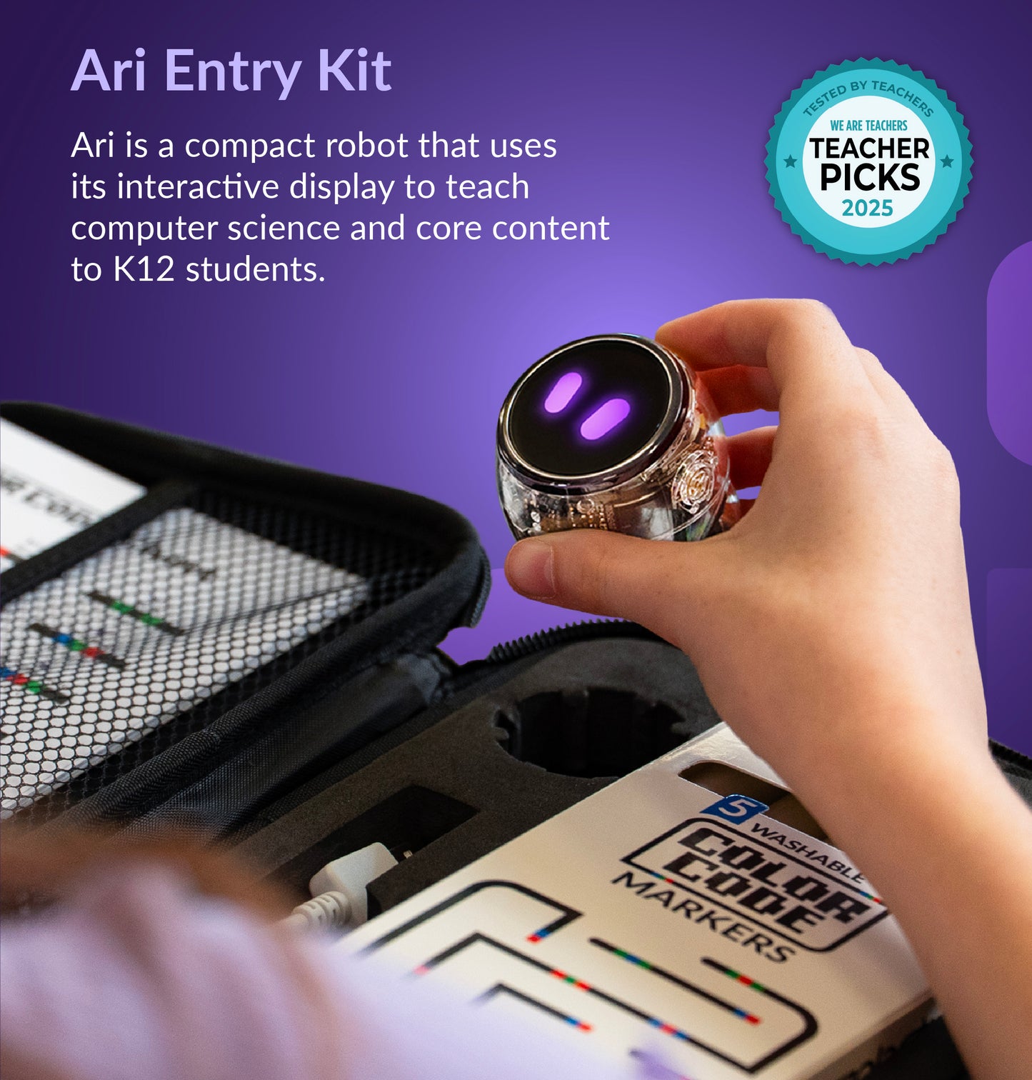 Ozobot Ari Classroom Kit with 12 bots featuring coding robot, color code markers and charger