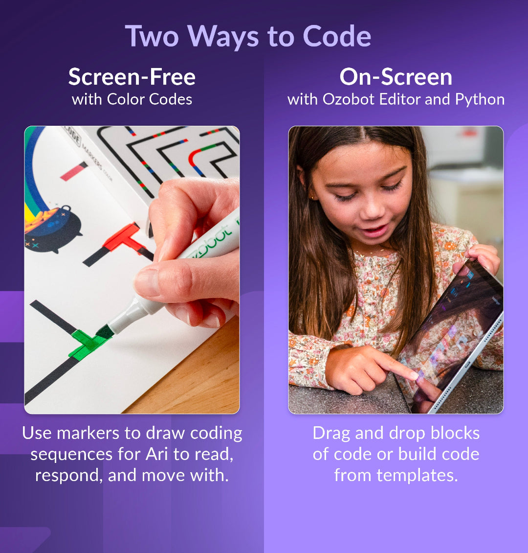 Color Codes for screen-free coding and Editor and Pythion for on-screen programming with Ari from 12-bot Classroom Kit