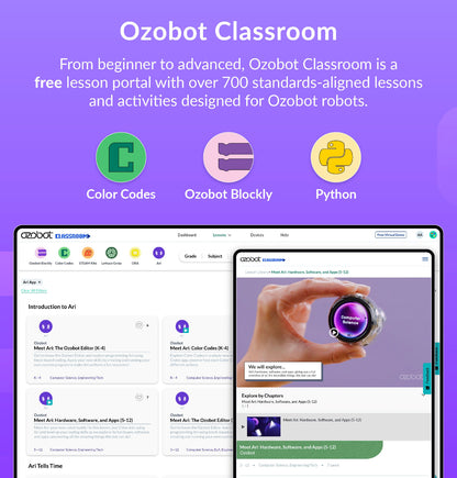 Interface of Ozobot Classroom platform with free lessons for Ari 18-Bot Classroom Kit