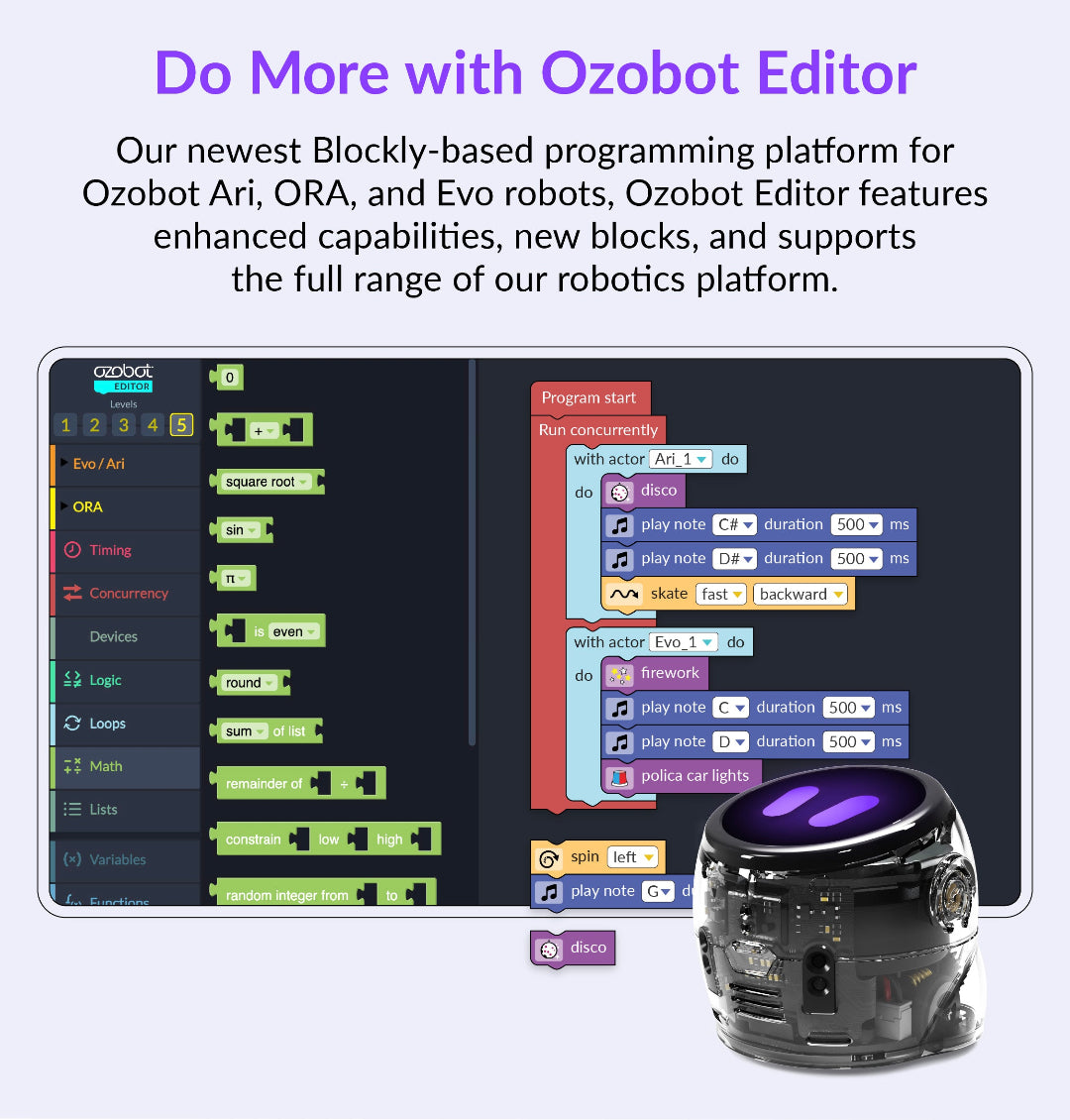 Coding in Ozobot Editor with block programming for Ari robots in the 18-Bot Classroom Kit