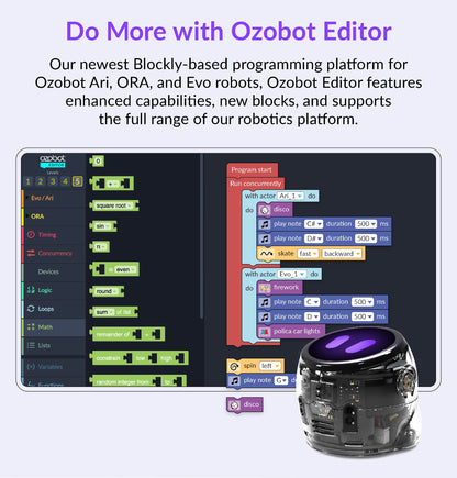 Coding in Ozobot Editor with block programming for Ari robots in the 18-Bot Classroom Kit