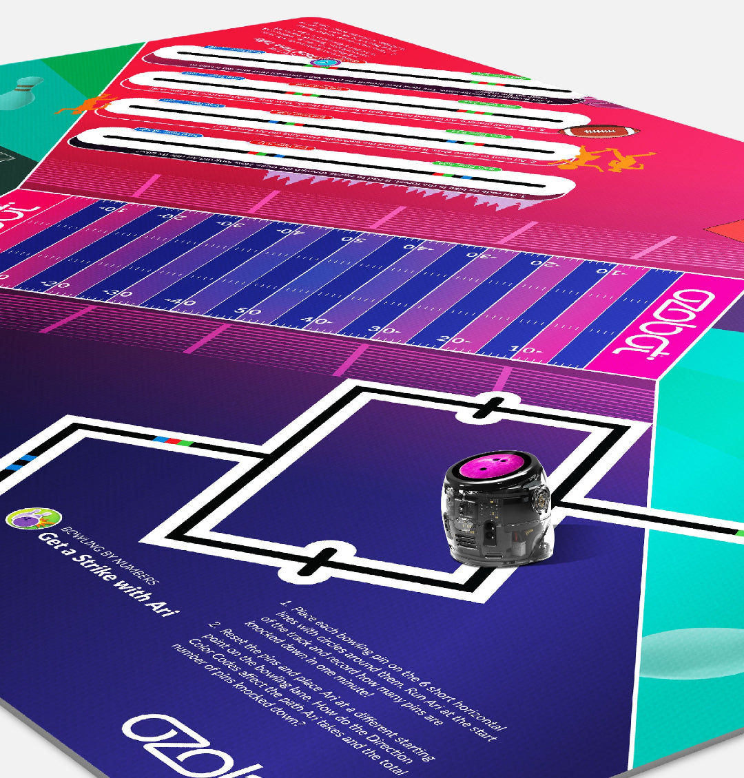 Ari robot navigating coordinate-based coding challenges on the Ari Adventure Mat: Math in Motion STEM learning activity mat
