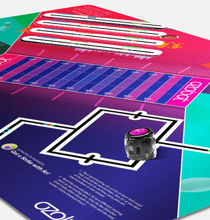Ari robot navigating coordinate-based coding challenges on the Ari Adventure Mat: Math in Motion STEM learning activity mat