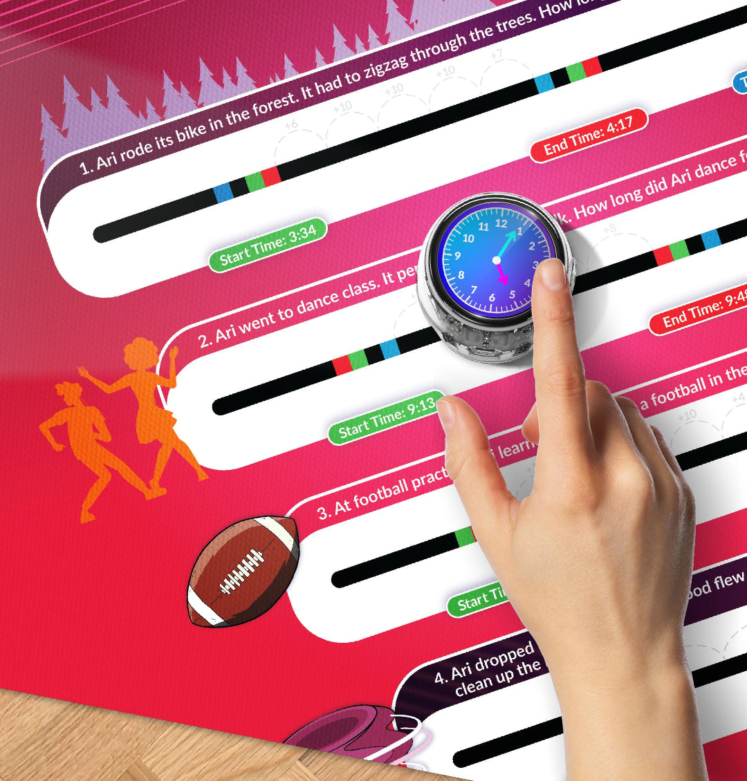 Student using a magnifying glass to explore coordinate plane activities and Color Code programming challenges on the Ari Adventure Mat: Math in Motion