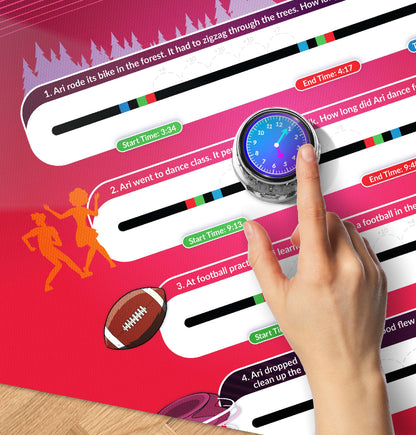 Student using a magnifying glass to explore coordinate plane activities and Color Code programming challenges on the Ari Adventure Mat: Math in Motion