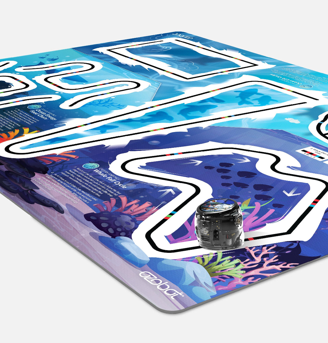Ari robot navigating orbital pathways on the Ari Adventure Mat: Space Navigation, helping students explore space science and coding concepts