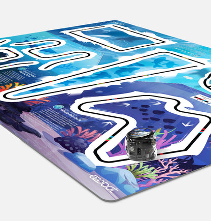 Ari robot navigating orbital pathways on the Ari Adventure Mat: Space Navigation, helping students explore space science and coding concepts
