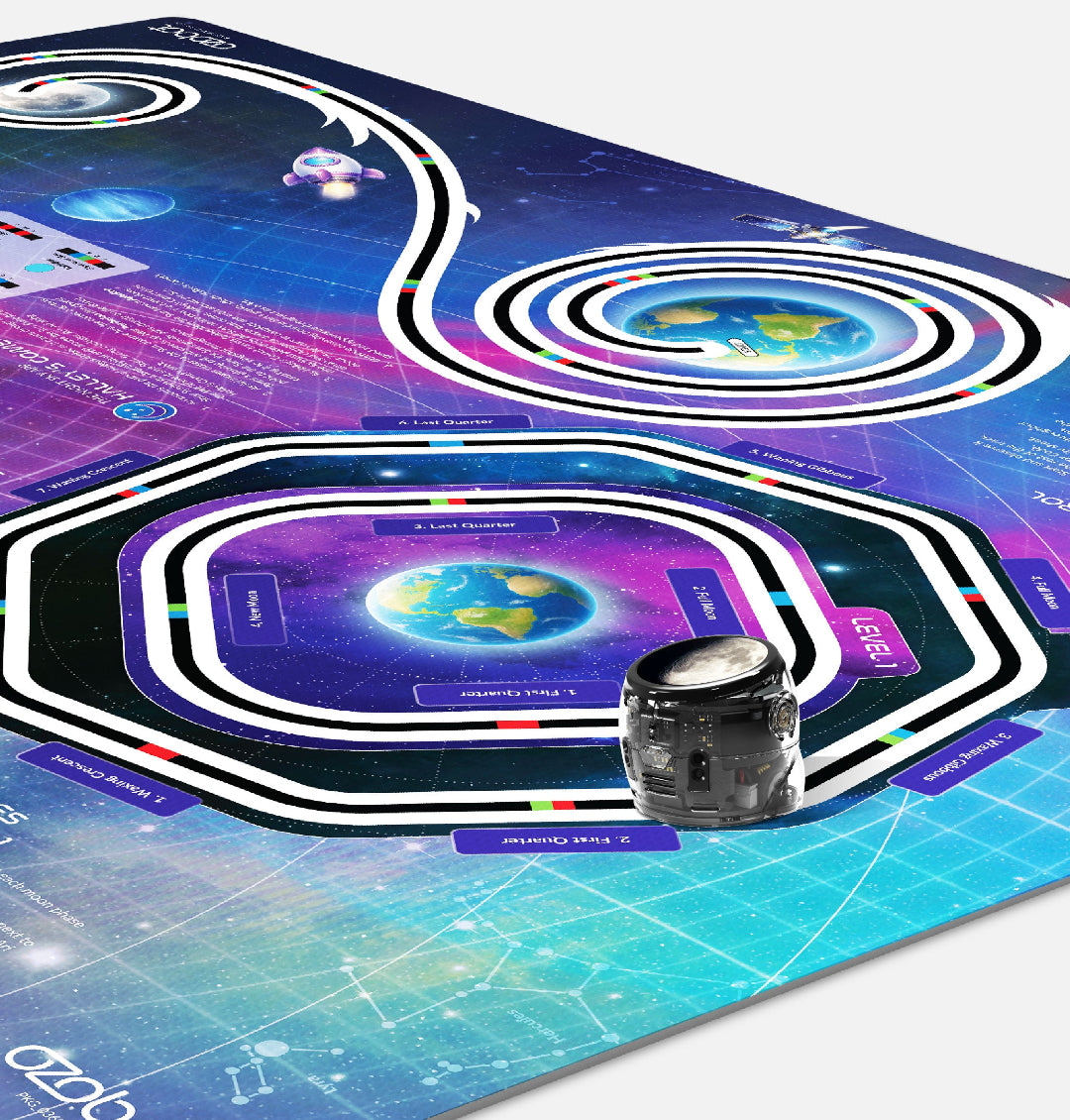 Ari robot navigating orbital pathways on the Ari Adventure Mat: Space Navigation, helping students explore space science and coding concepts