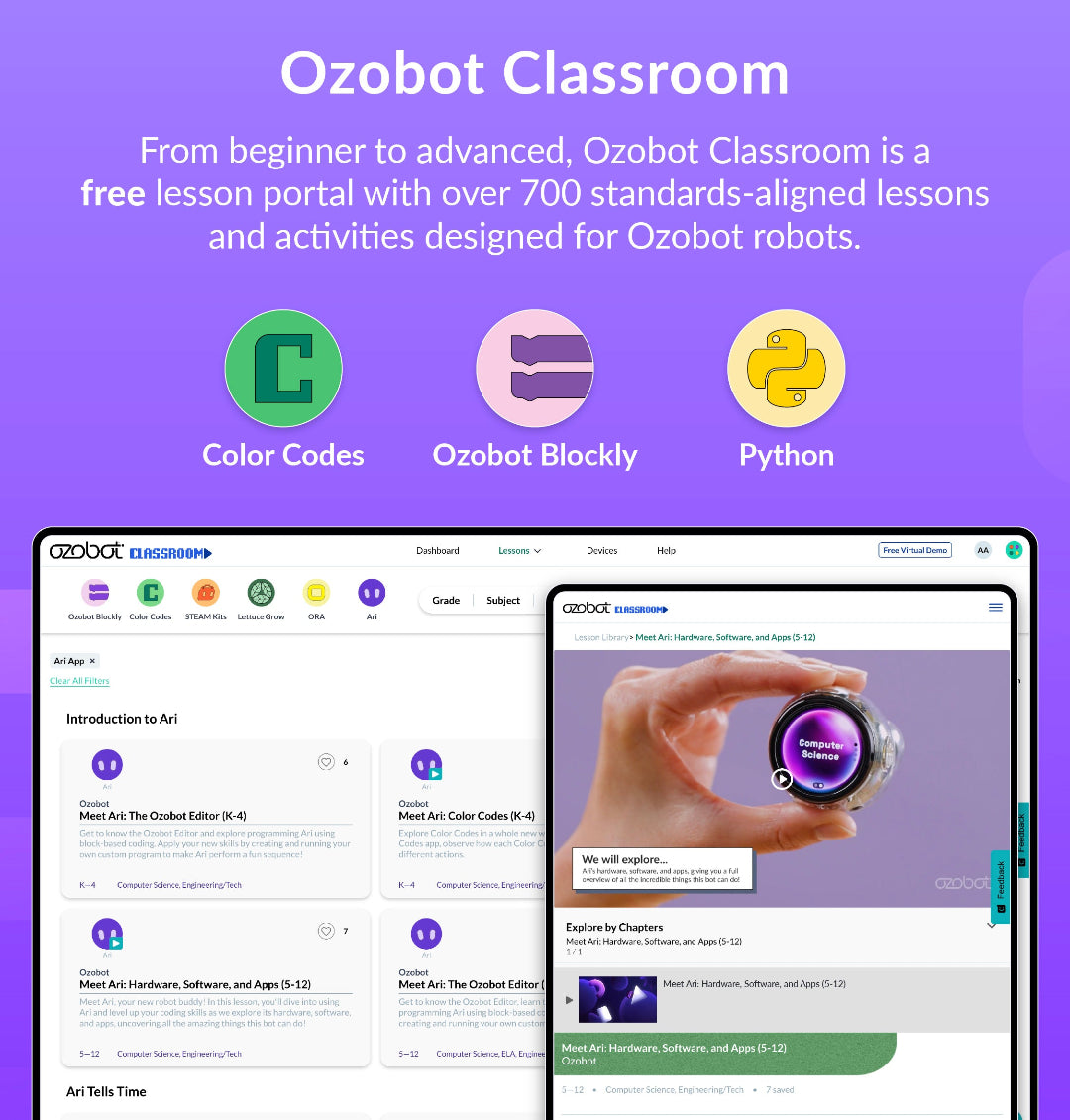 Ozobot Classroom dashboard for managing lessons with the Ari Classroom Kit 12 bots