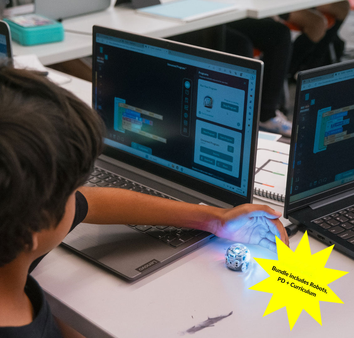 Blockly Curriculum Bundle with Professional Development for grades K-5, includes 12-pack of lessons, teacher guide, Evo Classroom Kit with 12 robots, and Self-Service PD