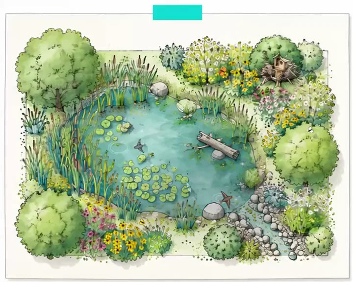 Watercolor plan of a pond habitat, seen from above