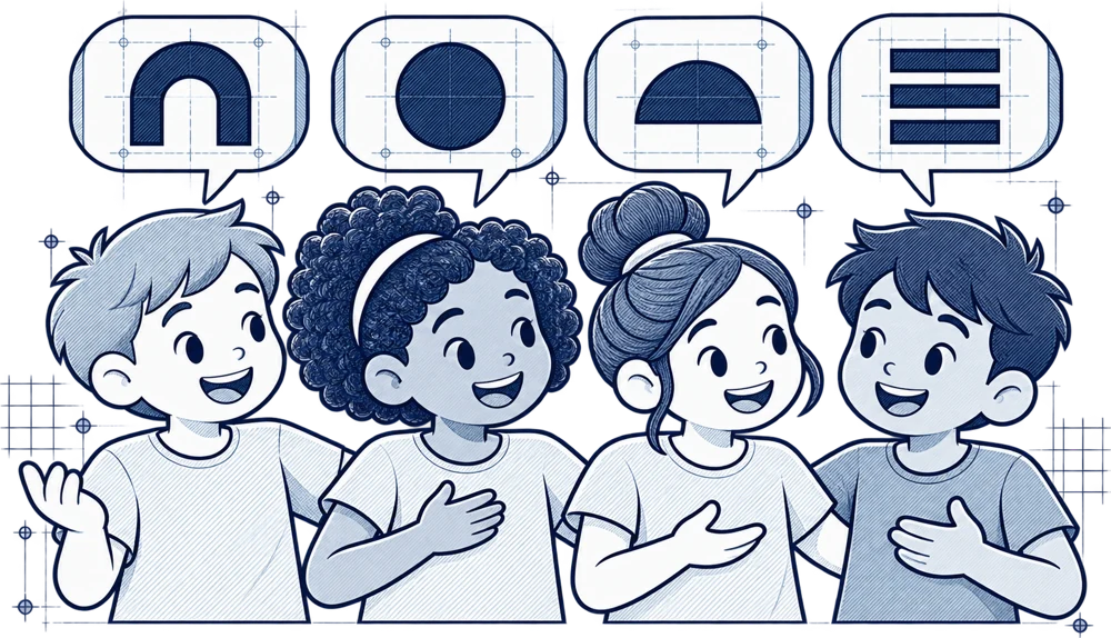 Drawing of four kids talking, with speech bubbles holding building-block shapes